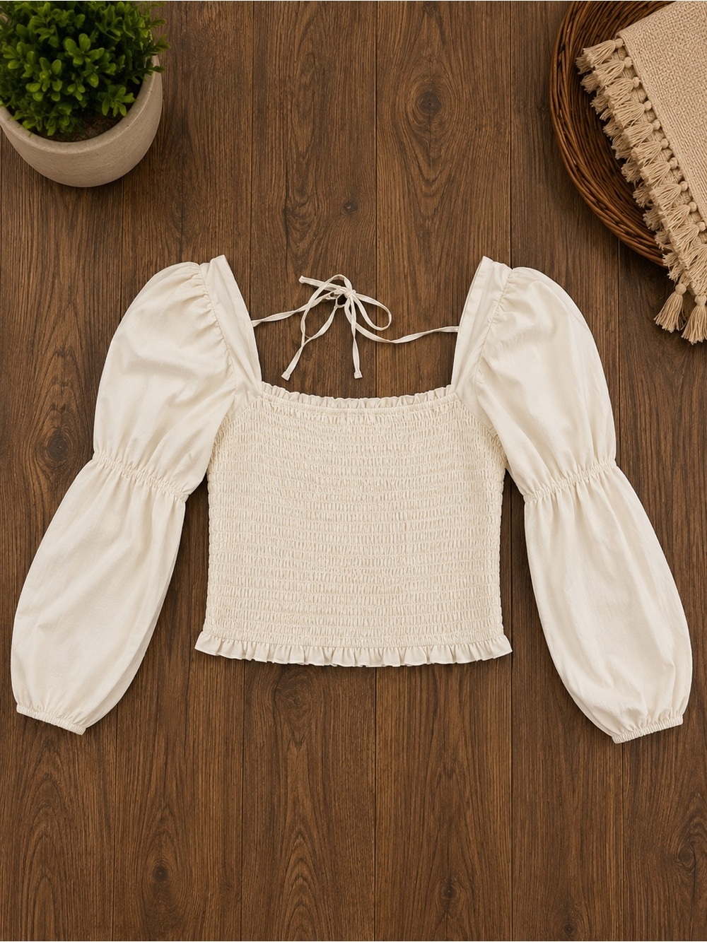 Lena Ivory Boho Smocked Blouse with Puff Sleeves